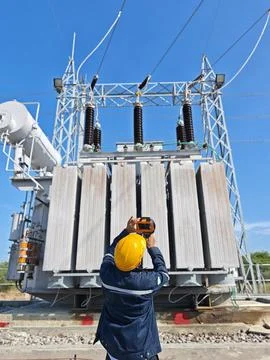 Electrical engineer technician scanning high voltage power transformer. Stock Photos