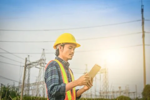 Electrical engineer uses a tablet to inspect Power plant network For power ge Stock Photos