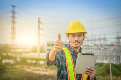 Electrical engineer uses a tablet to inspect Power plant network For power ge Foto stock