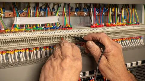Electrical engineer using a circuit tester to check connections Stock Photos