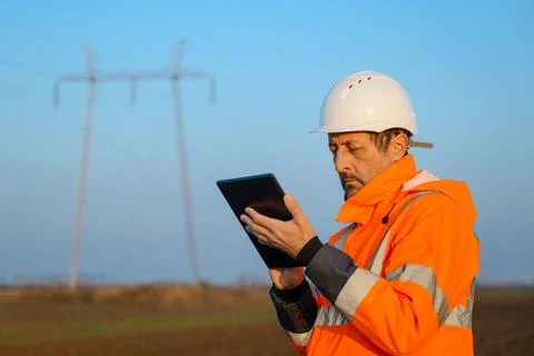 Electrical engineer using digital tablet computer out in the field close to.. Stock Photos