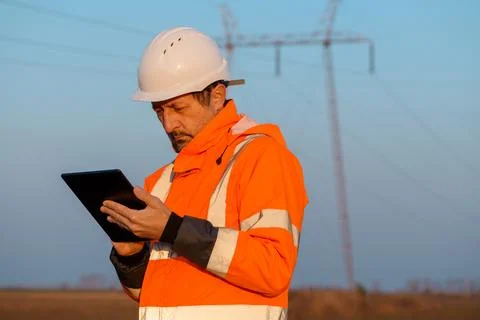 Electrical engineer using digital tablet computer out in the field close to.. Stock Photos