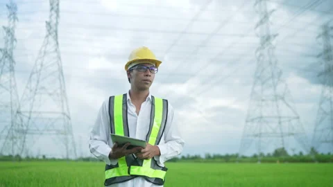 Electrical engineer using tablet working outdoors Stock Footage 156711407