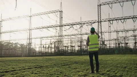 Electrical engineer wearing a helmet and safety vest working with tablet near Stock Footage 149334190