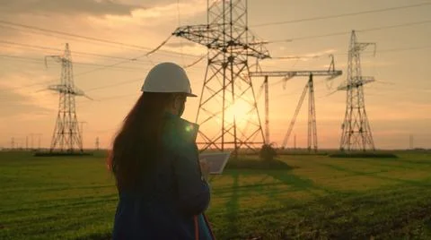 An electrical engineer, woman working with computer tablet, works with Stock Photos