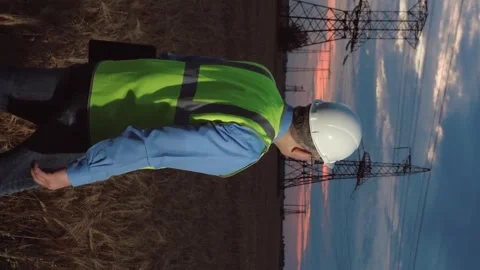 Electrical engineer working digital computer laptop sunset, man helmet, tablet Stock Footage 302259924