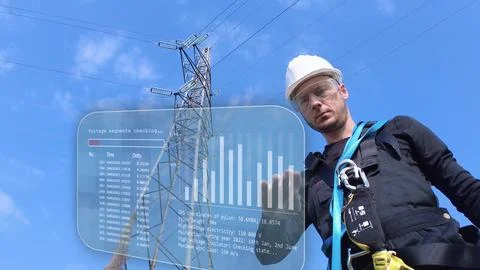 Electrical Engineer Working On A Holographic Screen. Graphic Foto stock