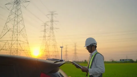 Electrical engineer working with tablet near electrical lines. Stock Footage 148355966
