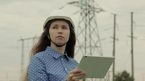 Electrical engineer works in hard hat with digital tablet, electrical business Stock Footage 247399173