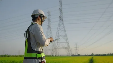 Electrical engineer is writing an inspection report for high voltage poles Stock Footage 148344123