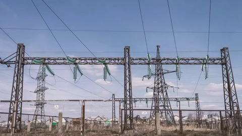 Electrical engineering structures at a power plant. High-voltage wires on Stock Footage 75037815