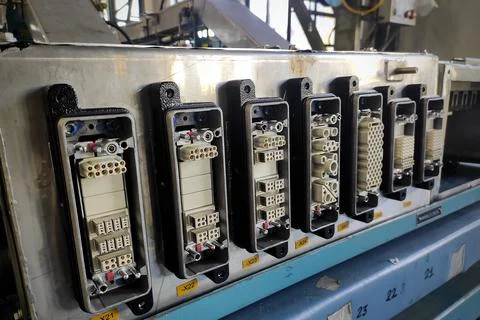 Electrical equipments components with cables valves energy power to machine.. Stock Photos