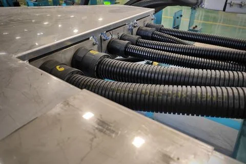 Electrical equipments components with cables valves energy power to machine.. Stock Photos