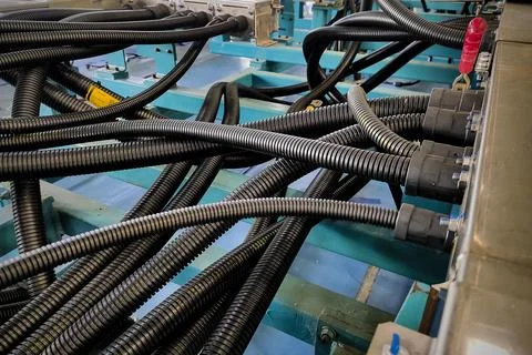 Electrical equipments components with cables valves energy power to machine.. Stock Photos