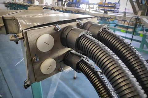 Electrical equipments components with cables valves energy power to machine.. Stock Photos