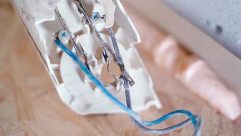 Electrical extension cord with a cracked plastic case close-up. A broken surge Stock Footage 232360569