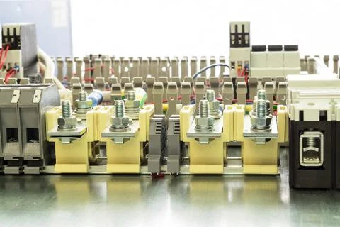 Electrical feedthrough terminals, cables and wires on the artboard. Stock Photos