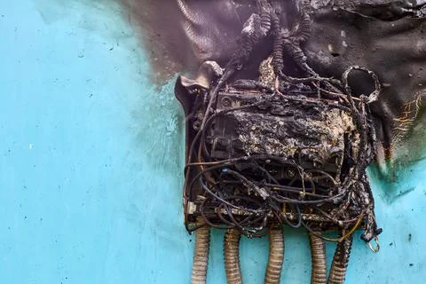 Electrical fire after short circuit in consumer unit, burnt wiring and circuit Fotos de archivo