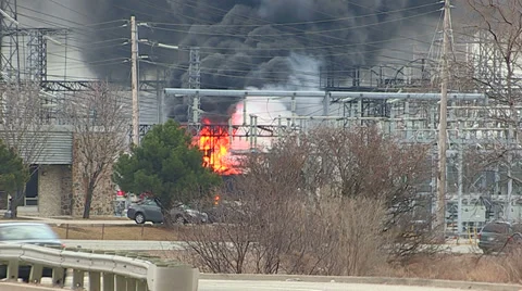 Electrical grid explosion and fire at transformer station Stock Footage 36753091