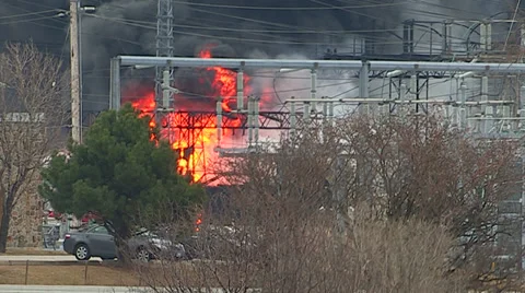 Electrical grid explosion and fire at transformer station Stock Footage 36753158