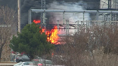 Electrical grid explosion and fire at transformer station Stock Footage 36753263