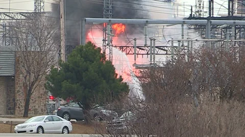Electrical grid explosion and fire at transformer station Stock Footage 36753486