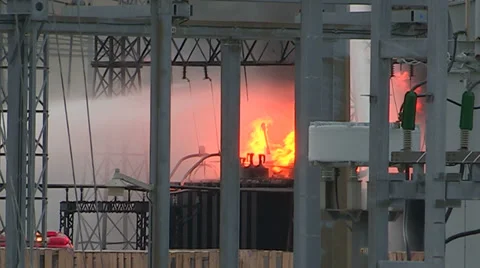 Electrical grid explosion and fire at transformer station Stock Footage 36753531