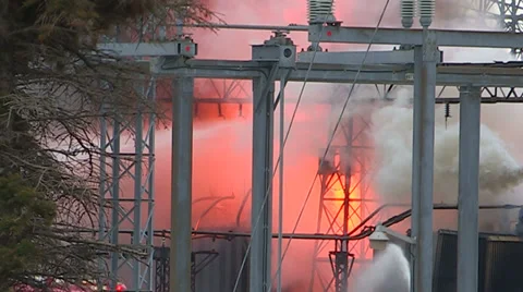 Electrical grid explosion and fire at transformer station Stock Footage 36753584