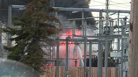 Electrical grid explosion and fire at transformer station Stock Footage 36753636