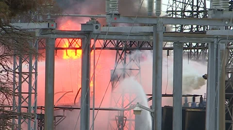 Electrical grid explosion and fire at transformer station Stock Footage 36753668