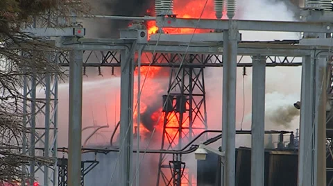 Electrical grid explosion and fire at transformer station Stock Footage 36753731