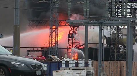 Electrical grid explosion and fire at transformer station Stock Footage 36753792