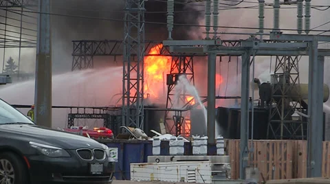 Electrical grid explosion and fire at transformer station Stock Footage 36753839