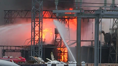 Electrical grid explosion and fire at transformer station Stock Footage 36753999