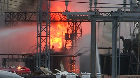 Electrical grid explosion and fire at transformer station Stock Footage 36754008