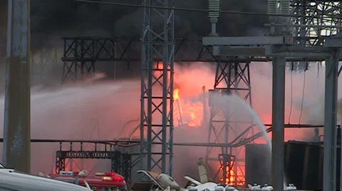 Electrical grid explosion and fire at transformer station Stock Footage 36754040