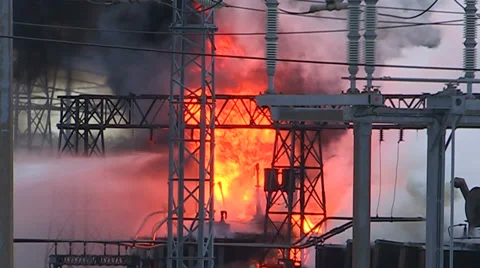 Electrical grid explosion and fire at transformer station Stock Footage 36754204