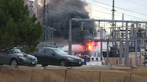 Electrical grid explosion and fire at transformer station Stock Footage 36754237
