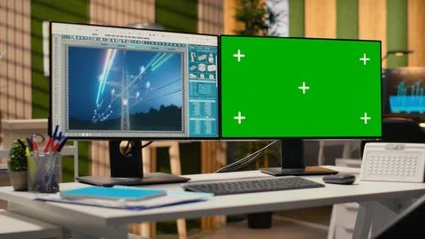 Electrical grid infrastructure data on green screen PC providing insights Stock Photos