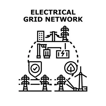 Electrical grid network infrastructure connecting renewable energy sources Illustrazione stock