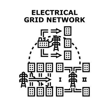 Electrical grid network providing electricity to buildings Stock Illustration