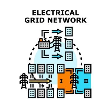 Electrical grid network providing electricity to buildings Illustrazione stock