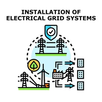 Electrical grid system installation connecting renewable energy infrastructur Stock Illustration