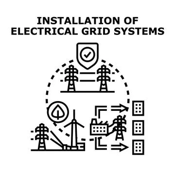 Electrical grid system installation connecting renewable energy infrastructur Illustrazione stock