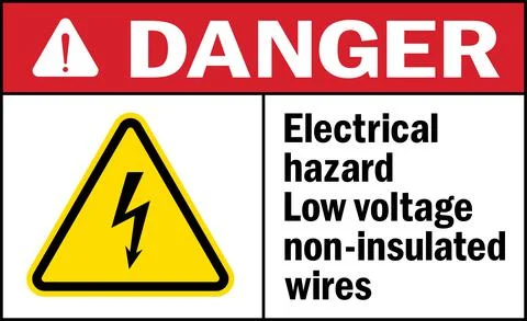 Electrical hazard low voltage non-insulated wires danger sign. Illustrazione stock