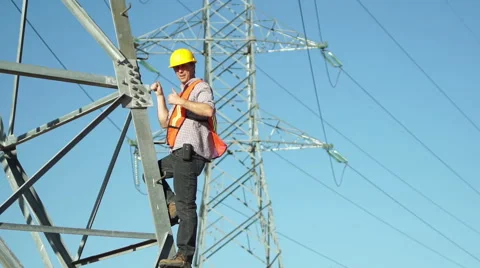 Electrical High Tension Pole Worker Thumbs Up Stock Footage 63065894