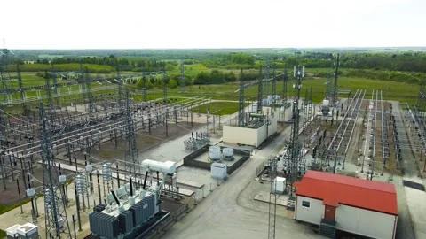 Electrical High Voltage Substation With Power Transformers Aerial View Stock Footage 336071230