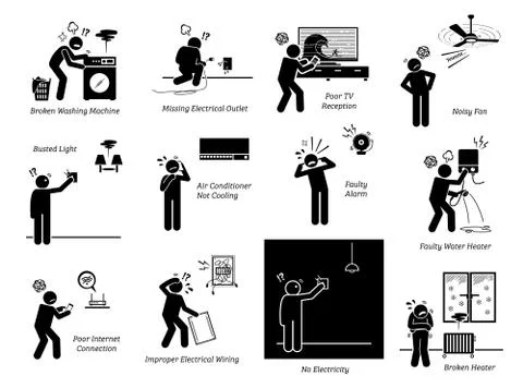 Electrical home appliances problems at house stick figure pictogram icons. Ve Stock Illustration