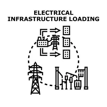 Electrical infrastructure loading transmitting energy to buildings Illustrazione stock
