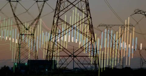 Electrical infrastructure standing at power site at dusk, with bar chart and Foto stock